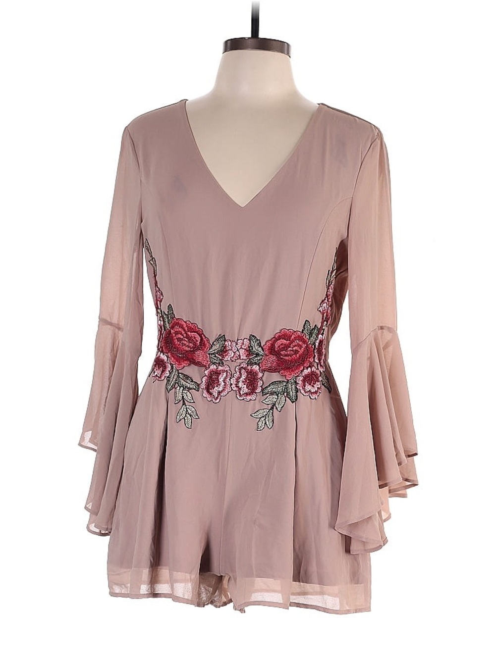 Silk Dusty Pink Mauve Floral Embroidered Bell Sleeve Boho Romantic Romper